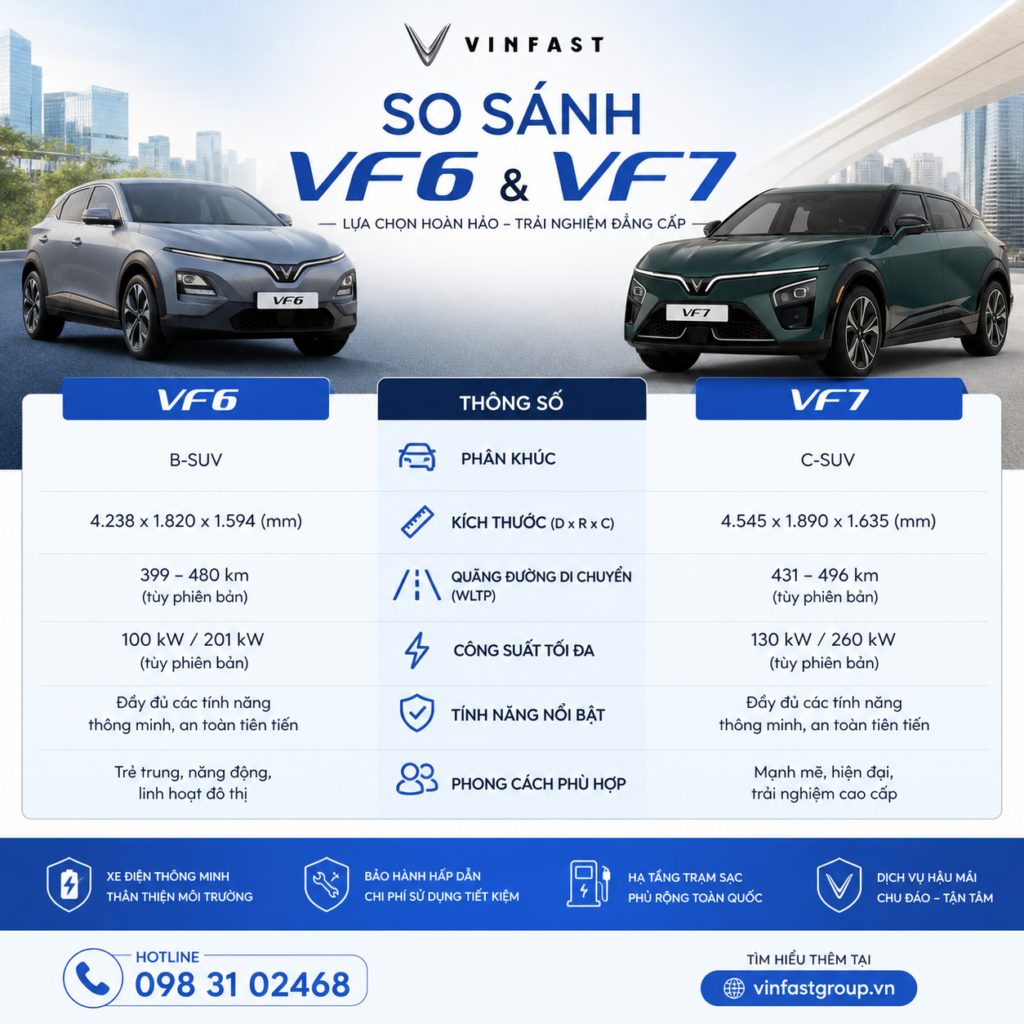 So sánh VinFast VF 6 và VF 7 2026: Nên mua xe nào?
