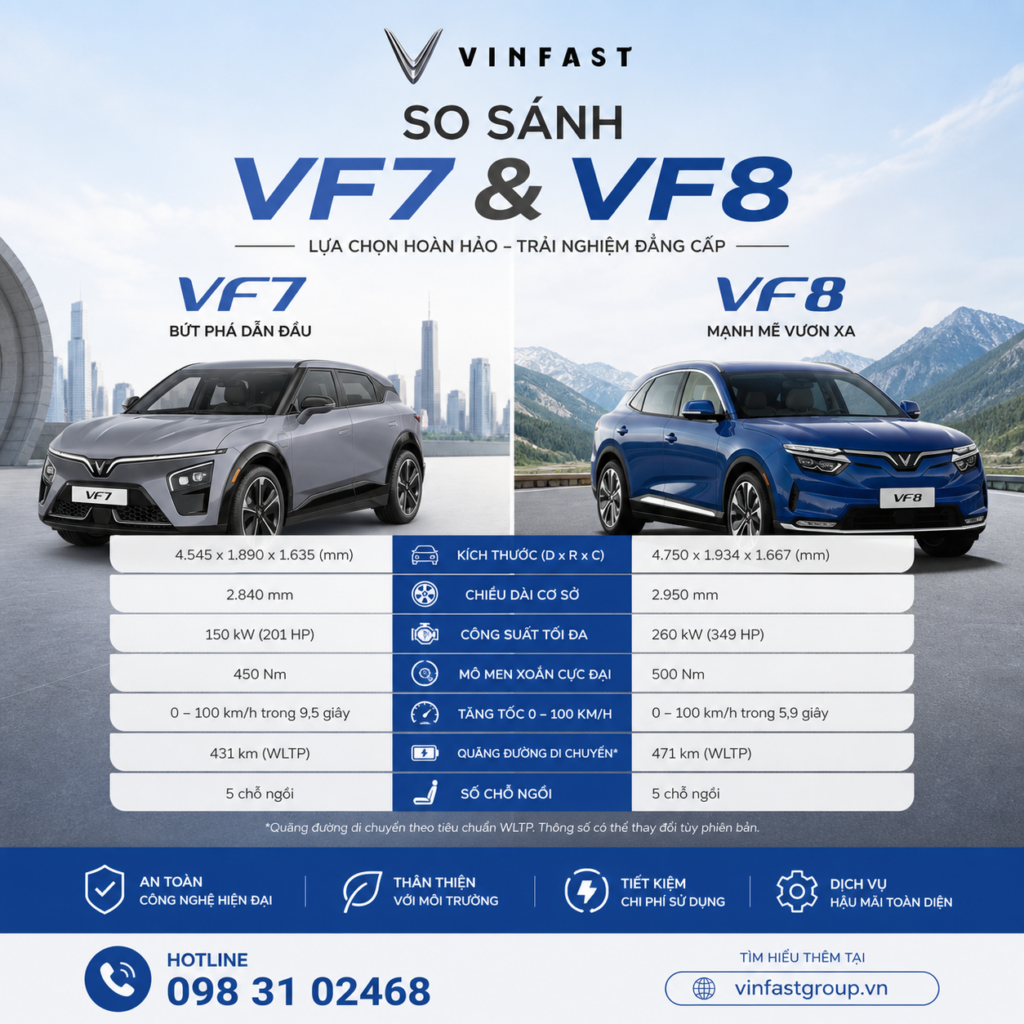 So sánh VinFast VF 7 và VF 8 2026: Nên mua xe nào?