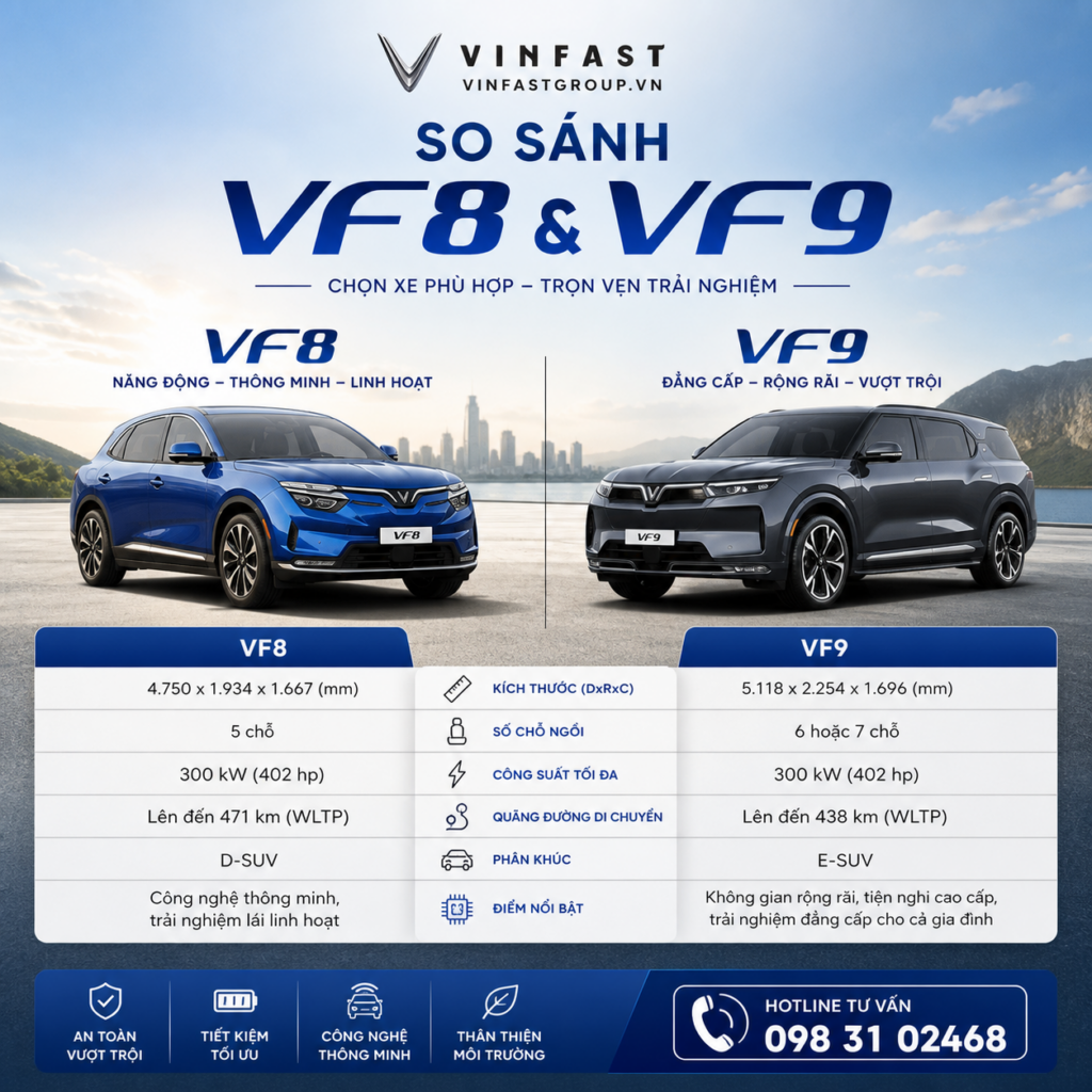 So sánh VinFast VF 8 và VF 9 2026: Nên mua xe nào?