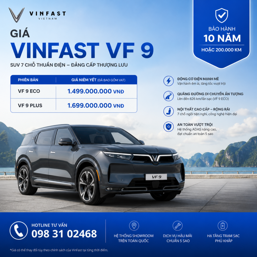 Giá VinFast VF 9 2026: Eco 1,348 tỷ, Plus 1,529 tỷ