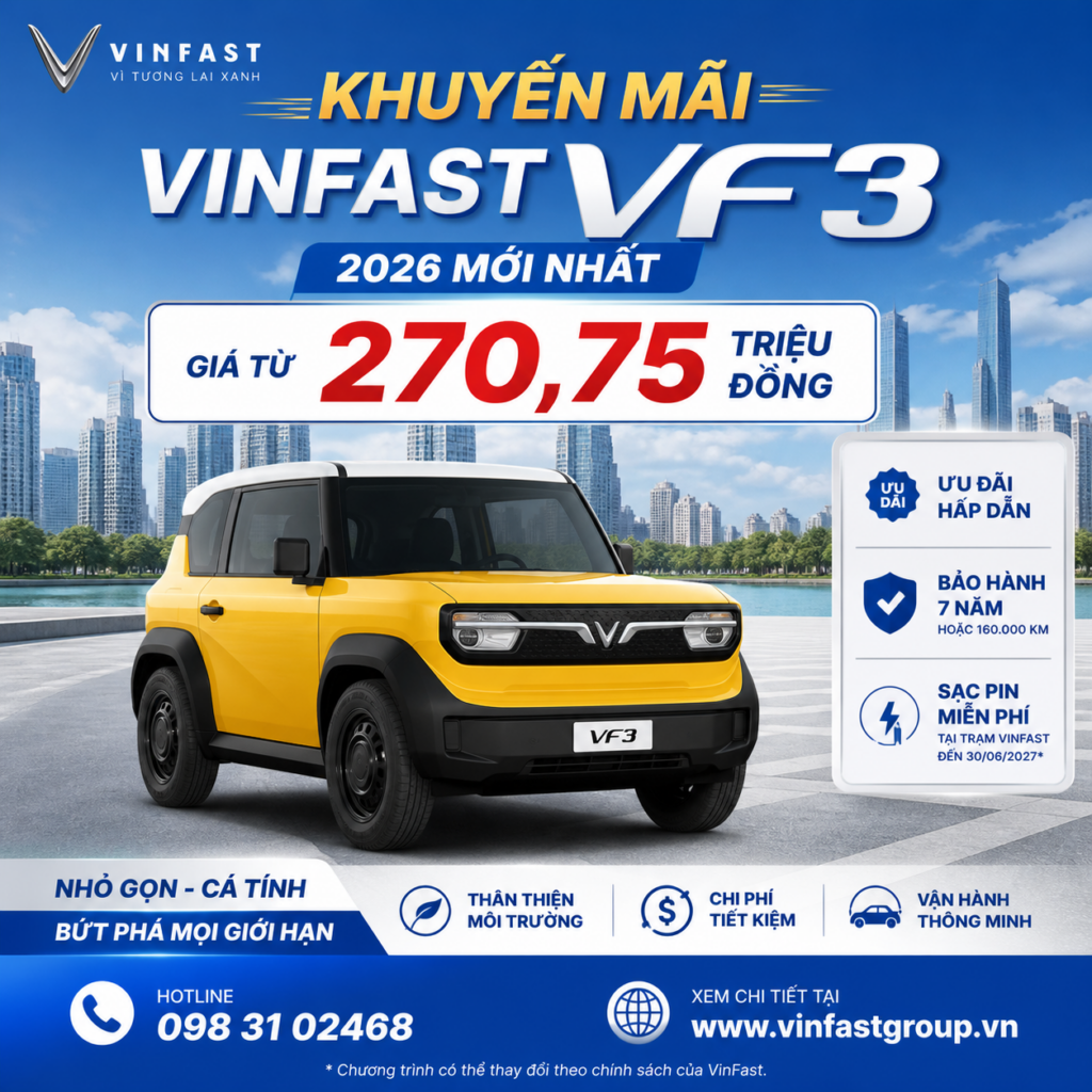 VinFast VF3 khuyến mãi 2026: Giá từ 270,75 triệu, ưu đãi gì?