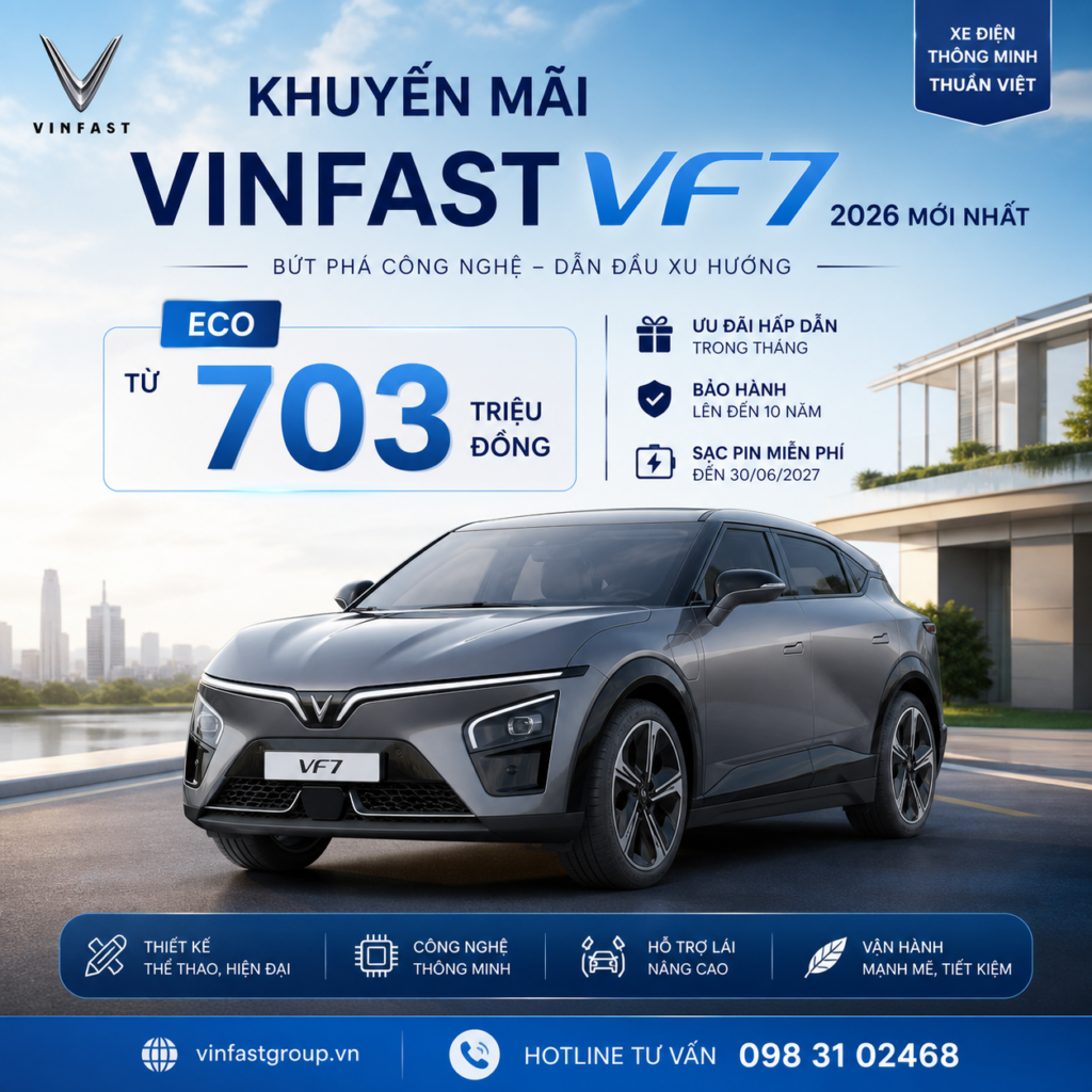 VinFast VF7 khuyến mãi 2026: Eco từ 703 triệu, ưu đãi gì?