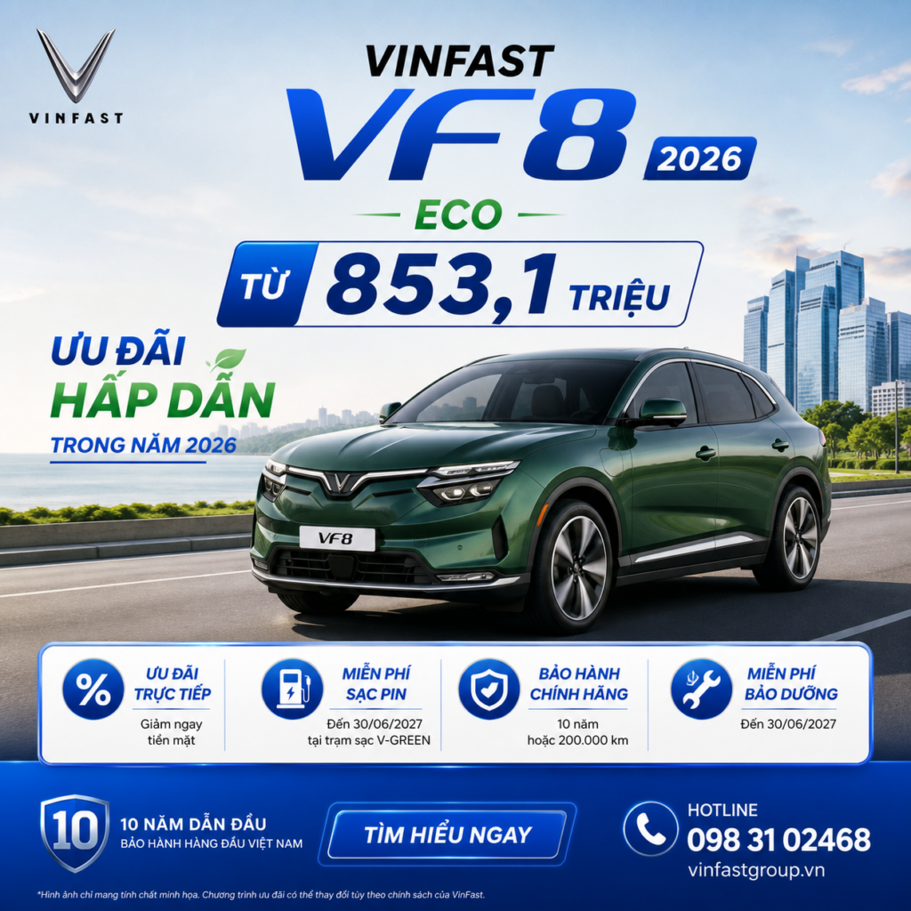 VinFast VF8 khuyến mãi 2026: Eco từ 853,1 triệu, ưu đãi gì?