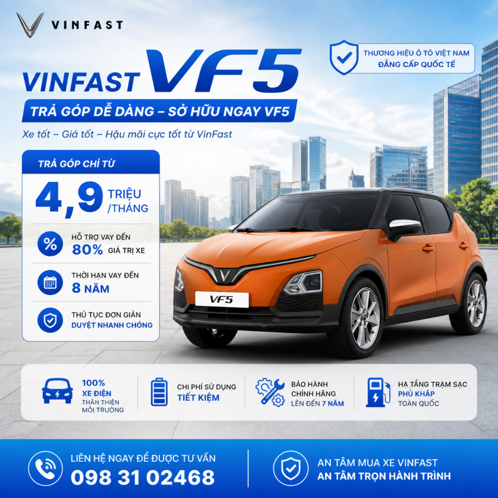 VinFast VF5 trả góp 2026: Trả trước từ 0 đồng, vay tới 100%